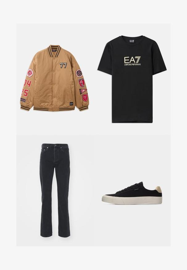 Brun bomberjakke med sorte og røde pletter, herunder '77' og varsity klub grafik. Har stribede manchetter og knaplukning.; Sort bomulds T-shirt med et gyldent EA7 Emporio Armani-logo på brystet. Kortærmet og rund hals-design.; Sorte denimjeans med lige ben-design, der har fem lommer og knappelukning. Stoffet har en subtil tekstur og en robust overflade.; Sort lavsko med beige hælkappe, tyk hvid gummisål, sorte snørebånd og lille "PS Paul Smith" mærke på siden.