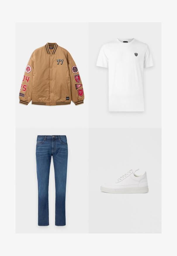 Brun bomberjakke med sorte og røde pletter, herunder '77' og varsity klub grafik. Har stribede manchetter og knaplukning.; Hvid bomuld t-shirt med korte ærmer, der har et lille sort logo på venstre brystområde. Klassisk crew neck design.; Blå denimjeans med lige ben, der har et klassisk design med fem lommer og knaplukning. Diskret falming over stofteksturområdet.; Hvid lædersneaker med rundet tå, flad sål og snørebånd foran. Har syningsdetaljer og polstret krave for komfort.