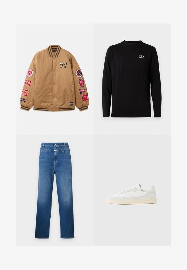 Brun bomberjakke med sorte og røde pletter, herunder '77' og varsity klub grafik. Har stribede manchetter og knaplukning.; Sort langærmet skjorte lavet af blødt stof. Har et lille hvidt logo på venstre brystområde. Simpel, rund halsudskæring og lige skæring.; Blå denimjeans med lige ben, der har en knaplukning, bæltestropper og let falmning på lårene.; Hvid sneakers med en øvre del i tekstureret ruskind og læder. Har rundet tå, snørelukning og kontrasterende beige gummisål.