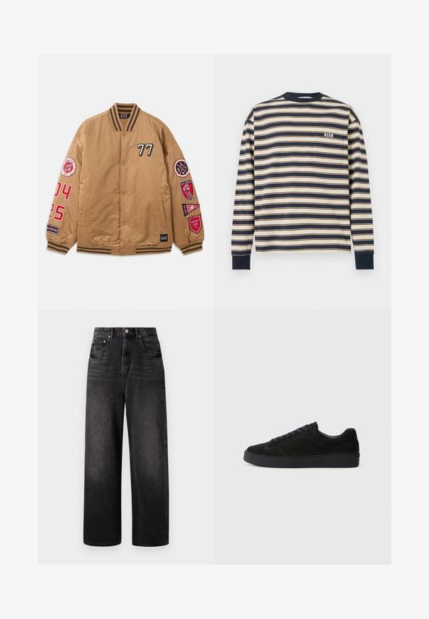 Brun bomberjakke med sorte og røde pletter, herunder '77' og varsity klub grafik. Har stribede manchetter og knaplukning.; Langærmet navyblå og beige stribet skjorte med sort krave og manchetter, med en frontlomme med MSGM-logo på brystet.; Sorte denim jeans med løstsiddende pasform, høj talje, fem lommer og synlig knaplukning. Har diskret falmning og lige ben design.; Sort semsket sneakers med en flad, tekstureret sål, rund tå, seks snørrehuller og et minimalistisk design.