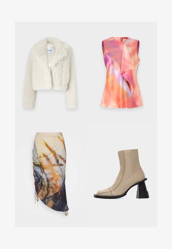 Veste en fausse fourrure blanche coupée avec un large col, présentant une surface douce et texturée ainsi que de longues manches. Étiquette visible à l'intérieur.; Débardeur en satin, orné d'un motif abstrait coloré dans des tons de rose, d'orange et de violet, avec un design drapé à l'avant.; Materiel DIAGONAL GATHERED SKIRT - Jupe crayon - golden hour; Bottine beige en cuir avec bout carré, couture visible, et talon bloc noir sculpté et épais sur fond blanc.