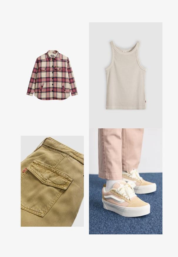 Geruite flanellen overhemd in crème, rood, paars en geel. Heeft twee borstzakken, zwarte knopen en een ronde zoom.; Beige geribd mouwloos tanktop met ronde hals en smalle pasvorm, getoond tegen een grijze achtergrond.; Beige denim stof met een achterzak met een gestikte flap en een rode label. De textuur is iets geribbeld, met zichtbare stikseldetails.; Lichtroze en beige suède sneakers met witte accenten en platte veters, voorzien van een dikke witte rubberen zool en zichtbare stiksels.
