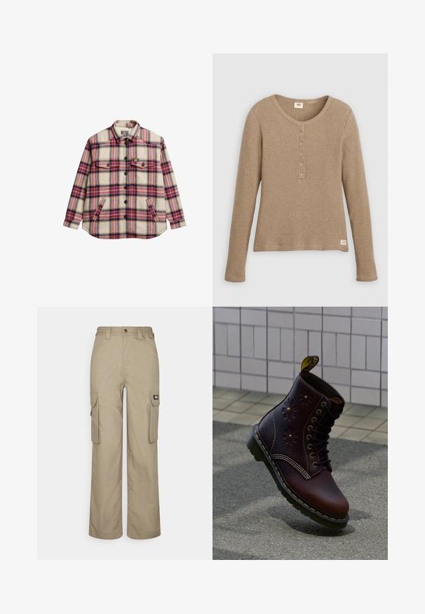 Geruite flanellen overhemd in crème, rood, paars en geel. Heeft twee borstzakken, zwarte knopen en een ronde zoom.; Beige henleyshirt met lange mouwen en wafelstructuur, ronde hals en knoopsluiting met vijf knopen, plat weergegeven tegen een witte achtergrond.; Beige cargobroek gemaakt van duurzame stof, met een relaxte pasvorm, meerdere zijzakken en een elastische tailleband met knoopsluiting.; Donkere bruine leren laars met bloemmotief en gele stiksels, rechtop geplaatst op een textuurrijke bestrating met een wand van tegels op de achtergrond.