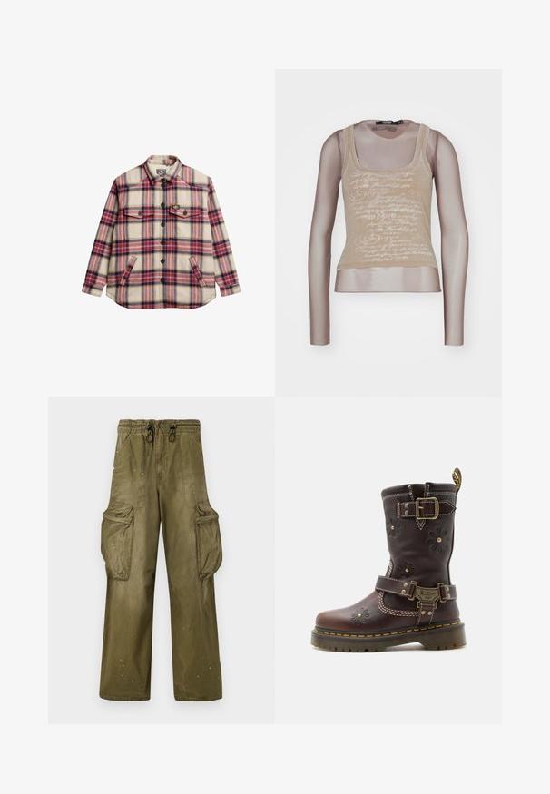 Geruite flanellen overhemd in crème, rood, paars en geel. Heeft twee borstzakken, zwarte knopen en een ronde zoom.; Beige tanktop gecombineerd met lange mesh mouwen; beschikt over een witte tekstprint aan de voorkant, ronde halslijn en een aansluitende pasvorm.; Olijfgroene cargobroek met een relaxte pasvorm, elastische tailleband, trekkoord, twee zijzakken en twee grote cargozakken. Licht verouderd.; Bruine leren laars tot halverwege de kuit met gegraveerde bloemenmotieven, twee verstelbare messing gespen, gele stiksels en een robuuste zool.