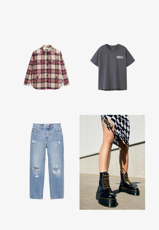 Geruite flanellen overhemd in crème, rood, paars en geel. Heeft twee borstzakken, zwarte knopen en een ronde zoom.; Donkergrijze katoenen t-shirt met korte mouwen en een ronde hals, voorzien van een witte "NIRVANA" graphic op de linkerkant van de borst.; Lichtblauwe rechtvallende spijkerbroek met versleten gaten op beide benen, vijfzakkenmodel en knoopsluiting in de taille.; Zwarte leren platformlaarzen met chunky zolen, gouden veters en oranje stiksels, gecombineerd met een geruite rok met een zijformulier.