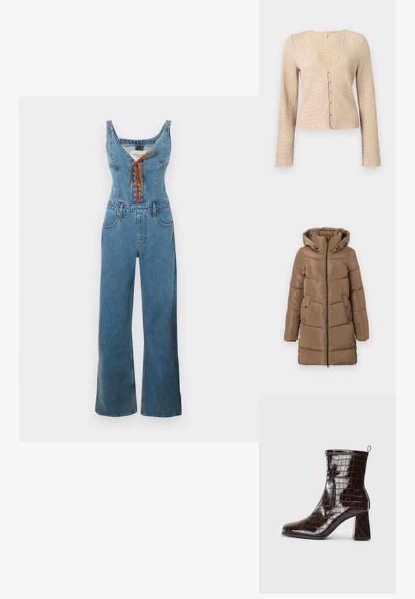 Lang brun polstret frakke med hætte, lynlås foran, sidelommer med knapper og justerbare sideskuffer i kanten, præsenteret på hvid baggrund.; Denim overall med en tætsiddende overdel og vide bukseben, der har en rund halsudskæring og brun snørelukning foran. Lyseblå farve og struktureret stof.; Beige langærmet cropped cardigan med bølget tekstur og fem små runde knapper foran.; Mørkebrun patentlæder ankelstøvle med krokodillemønster, blokhæl og trækstrop bagpå mod hvid baggrund.