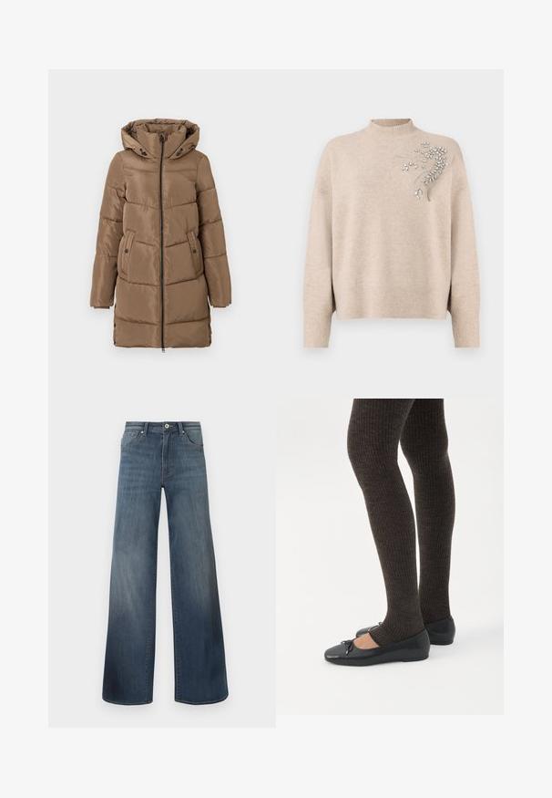 Lang brun polstret frakke med hætte, lynlås foran, sidelommer med knapper og justerbare sideskuffer i kanten, præsenteret på hvid baggrund.; Lys beige sweater lavet af blødt stof, med høj hals og intrikate sølvdekorationer på venstre side. Ribbet manchetter og nederkant.; Bredde denim jeans i mørkeblå, med en slidteknik, knaplukning og fem-lomme stil. Glat tekstur, minimal syning detaljer.; Ben iført mørke ribbede leggings kombineret med sorte balletsko med små sløjfedetaljer på hvid baggrund.