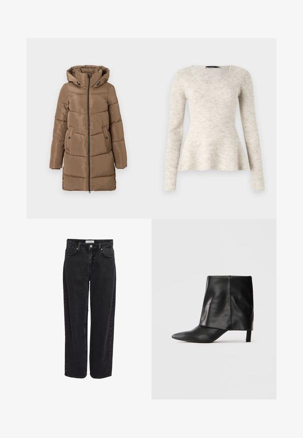 Lang brun polstret frakke med hætte, lynlås foran, sidelommer med knapper og justerbare sideskuffer i kanten, præsenteret på hvid baggrund.; Lyse beige langærmet sweater med ribbet tekstur, rund halsudskæring og flaret kant. Fremstillet af et blødt, strikket stof.; Sort denim bukser med vide ben og høj talje, fem-lomme design og lynlåsgylp. Glat tekstur med minimale synlige syningsdetaljer.; Sort læderstøvle til midten af læggen med spids tå, foldet øvre skaft og slank lav hæl, der står på hvid baggrund.