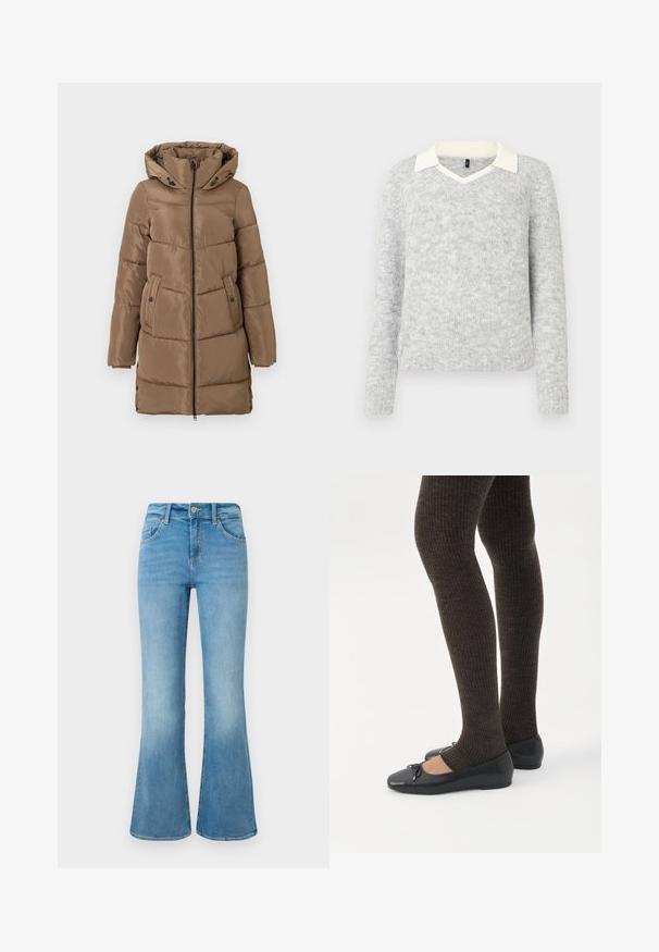 Lang brun polstret frakke med hætte, lynlås foran, sidelommer med knapper og justerbare sideskuffer i kanten, præsenteret på hvid baggrund.; Lys grå strikket sweater med lange ærmer og detaljer med hvid V-halskrave, ribbet kant og manchetter, vist på hvid baggrund.; Lyseblå denim flare jeans med forlommer, bæltestropper og knaplukning mod en hvid baggrund.; Ben iført mørke ribbede leggings kombineret med sorte balletsko med små sløjfedetaljer på hvid baggrund.