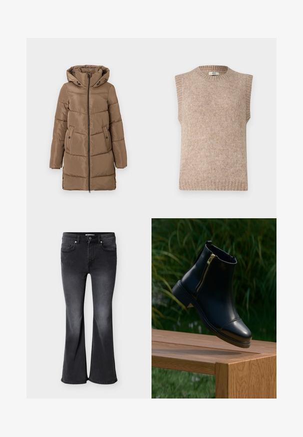 Langer brauner gepolsterter Mantel mit Kapuze, Frontreißverschluss, seitlichen Taschen mit Knöpfen und verstellbaren Seitenschlaufen am Saum, auf weißem Hintergrund präsentiert.; Ärmelloser beiger Strickpullover mit geripptem Ausschnitt und Saum. Weiche Textur, schlichte Passform und subtile Farbvariationen.; Schwarze Schlagjeans aus Denim mit vier Taschen, Gürtelschlaufen und einer ausgewaschenen Optik mit einem etwas dunkleren Ton am Saum.; Schwarzer Leder-Stiefelette mit goldenem Reißverschluss, abgerundetem Zehenbereich und niedrigem Blockabsatz, auf einer Holzoberfläche vor einem grasbewachsenen Hintergrund platziert.