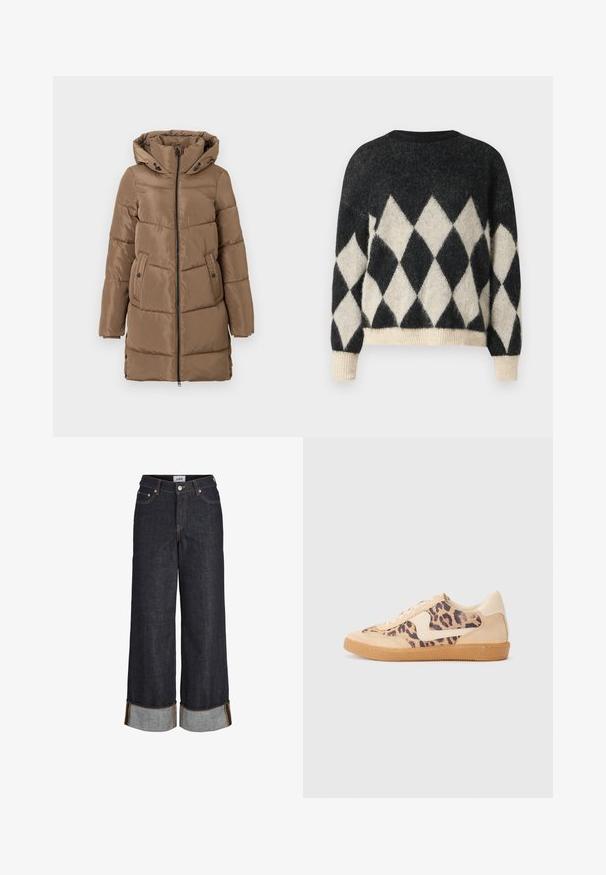 Lang brun polstret frakke med hætte, lynlås foran, sidelommer med knapper og justerbare sideskuffer i kanten, præsenteret på hvid baggrund.; Sort og cremefarvet oversized sweater med diamantmønster, lavet af blødt struktureret stof med ribkant i bunden og på ærmerne.; Mørkeblå jeans med brede ben og opbuk ved kanterne, fem lommer og kontrastfuld gul syning.; Leopardprint sneakers med beige ruskindsoverdel, tan gummisål og hvide detaljer. Rund pegefinger og snørebåndsdesign med en tekstureret finish.