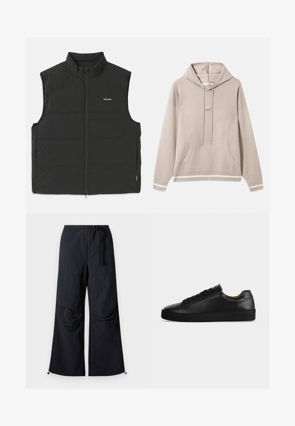 Sort puffer vest med høj krave, lynlås lukning og uden ærmer. Letvægtsstof med synlige syninger og et lille logo på brystet.; Lys beige hætte sweatshirt med frontlomme, snore, ribbede ærmer og kant med cremefarvede striber, samt et lille broderet logo på brystet.; Sorte bukser med vide ben lavet af letvægtstof. Har bælte, to store sidelommer og justerbare kanter med snorlås.; Sort lavtopet læder-sneaker med sorte snørebånd, tekstureret gummisål og lille præget logo på siden, vist i profil mod grå baggrund.