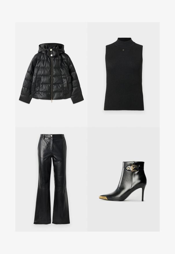 Doudoune noire avec capuche, en simili cuir. Elle présente une texture côtelée, une fermeture éclair à l'avant, des boutons-pression et deux poches latérales.; Haut sans manches à col roulé noir à côtes avec un petit logo "AX" doré centré en dessous de l'encolure, sur un fond clair.; Pantalons en faux cuir noir avec taille haute, fermeture à boutons, passants de ceinture et jambes évasées sur fond blanc.; Bottine noire en cuir brillant, avec un bout pointu, un talon aiguille, et des accessoires dorés ornés d'une boucle décorative.