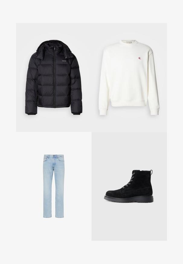 Sort pufferjakke med lynlås foran, kort længde, quiltet design og høj krave. Har et logo på venstre bryst og elastiske manchetter.; Hvid crewneck sweatshirt lavet af bomuld, med et lille rødt "ck" logo på brystet, ribbede manchetter og kant. Enkel, glat tekstur.; Lyseblå straight-leg jeans i denim med forreste knap, lynlås og design med fem lommer vist på hvid baggrund.; Sorte suede ankelstøvler med en tekstureret overflade, rund tå, grå snørebånd og en robust sort sål. Har en lille løkke bagpå.