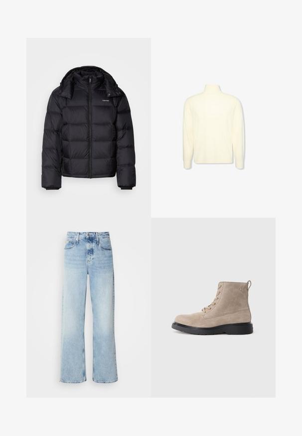 Sort pufferjakke med lynlås foran, kort længde, quiltet design og høj krave. Har et logo på venstre bryst og elastiske manchetter.; Kremfarvet langærmet højhalset sweater med ribbet manchetter og et diskret logo på brystet, vist på en ensfarvet hvid baggrund.; Lysblå vide jeans med høj talje, der har en falmet finish, bæltestropper og klassisk fem-lomme design. Kantene er rå.; Beige ruskindsankelstøvler med sort gummisål, snørelukning og et lille logo præget på siden, med en løftestrop bagpå.