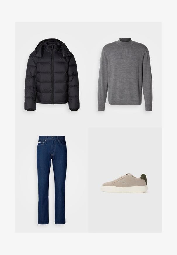 Sort pufferjakke med lynlås foran, kort længde, quiltet design og høj krave. Har et logo på venstre bryst og elastiske manchetter.; Grå langærmet sweater lavet af strikket materiale, med en høj hals og et subtilt logo på brystet. Glat tekstur og tætsiddende design.; Mørkeblå denim jeans med lige ben sammen design, der har lynlås og knaplukning, fem lommer og subtile stikninger.; Beige ruskinds sneakers med en hvid gummisål, der har en mørkegrøn hælaccent og subtil branding på siden.
