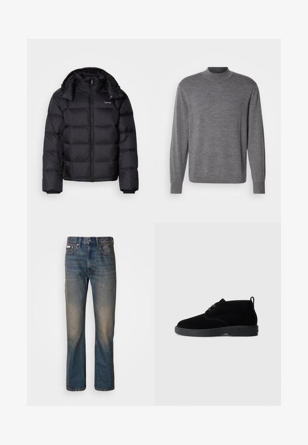 Schwarze Pufferjacke mit einem Reißverschluss vorne, kurzer Länge, gestepptem Design und hohem Kragen. Merkmale ein Logo auf der linken Brust und elastische Bündchen.; Grauer Langarmpullover aus Strickmaterial, mit einem Stehkragen und einem dezenten Logo auf der Brust. Glatte Textur und figurbetonter Schnitt.; Hoch geschnittene blaue Jeans aus Denim mit geradem Bein, verwaschenen, distressierten Stellen und traditionellem Fünf-Taschen-Stil.; Schwarze Wildleder-Stiefeletten mit runder Zehenpartie, Schnürdesign, schwarzem Gummisohle und einem Zugband an der Rückseite für einfaches An- und Ausziehen.