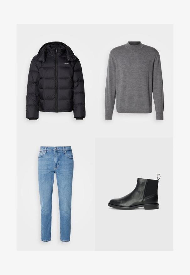 Sort pufferjakke med lynlås foran, kort længde, quiltet design og høj krave. Har et logo på venstre bryst og elastiske manchetter.; Grå langærmet sweater lavet af strikket materiale, med en høj hals og et subtilt logo på brystet. Glat tekstur og tætsiddende design.; Lys blå denim jeans med lige snit, fem-lomme design og subtilt slid. Har knaplukning og bæltestropper.; Sorte læder ankelstøvler med elastiske sidepaneler, rund tå, lav blokhæl og en strop bagpå for nem påtagning.