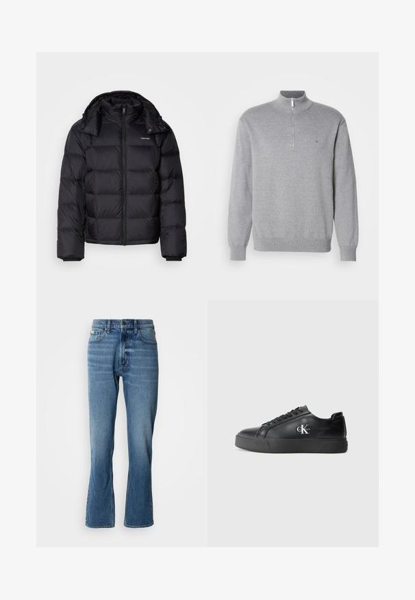 Schwarze Pufferjacke mit einem Reißverschluss vorne, kurzer Länge, gestepptem Design und hohem Kragen. Merkmale ein Logo auf der linken Brust und elastische Bündchen.; Grauer Reißverschluss-Pullover mit hohem Kragen, langen Ärmeln und gerippten Bündchen. Strickstoff mit feiner Textur und kleinem Logo auf der Brust.; Hellblaue Denim-Jeans mit geradem Schnitt und leicht ausgestelltem Bein. Verfügt über fünf Taschen, einen Knopfverschluss und dezente Waschungseffekte.; Schwarze Ledersneaker mit abgerundeter Zehenpartie, flacher schwarzer Sohle und tonaler Schnürung. Mit einem silbernen Logo an der Seite, durchgehend glatte Textur.