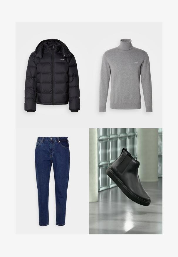 Sort pufferjakke med lynlås foran, kort længde, quiltet design og høj krave. Har et logo på venstre bryst og elastiske manchetter.; GANT CLASSIC ROLLERNECK - Striktrøje - dark grey melange; Mørkeblå straight-leg cowboybukser med forreste knap- og lynlås-lukning, bæltestropper samt for- og baglommer.; Sort læder ankelstøvle med elastiske sidepaneler, der svæver over en poleret beton gulv og glasblokke i baggrunden.