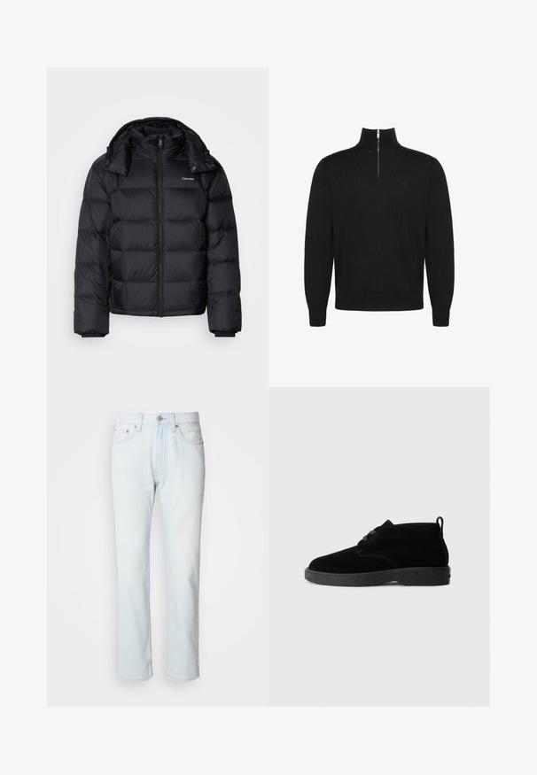 Schwarze Pufferjacke mit einem Reißverschluss vorne, kurzer Länge, gestepptem Design und hohem Kragen. Merkmale ein Logo auf der linken Brust und elastische Bündchen.; Schwarzer Langarmpullover mit halbem Reißverschluss vorne und gerippten Bündchen und Saum, mit kleinem, unauffälligem Logo auf der Brust.; Hellblaue Jeans mit geradem Bein. Verfügt über einen Knopfverschluss und Gürtelschlaufen, präsentiert eine ausgebleichte Textur und minimale Nähte.; Schwarze Wildleder-Stiefeletten mit runder Zehenpartie, Schnürdesign, schwarzem Gummisohle und einem Zugband an der Rückseite für einfaches An- und Ausziehen.