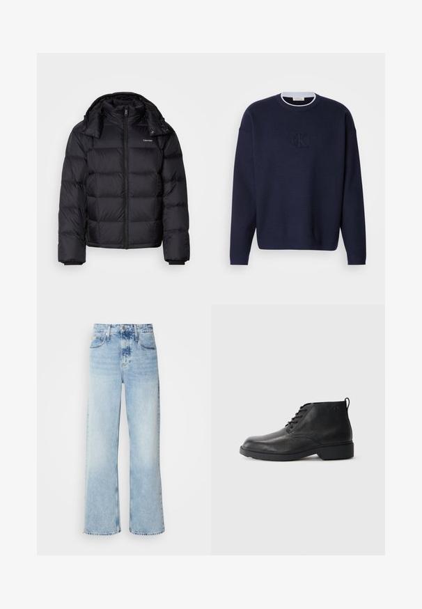 Sort pufferjakke med lynlås foran, kort længde, quiltet design og høj krave. Har et logo på venstre bryst og elastiske manchetter.; Marineblå strikket sweater med rund hals, ribbet krave og subtilt broderet "ck" logo på forsiden. Lange ærmer, løs pasform.; Lysblå vide jeans med høj talje, der har en falmet finish, bæltestropper og klassisk fem-lomme design. Kantene er rå.; Sorte læderstøvler med en tekstureret finish, rund tå, snørebånd foran og en robust gummisål. Har en lille træksløjfe bagpå.