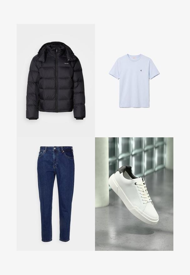 Doudoune noire avec fermeture éclair à l'avant, de longueur courte, au design matelassé et avec un col haut. Présente un logo sur la poitrine gauche et des poignets élastiques.; T-shirt uni bleu clair à manches courtes et col rond avec petit logo noir "cK" sur le côté gauche de la poitrine.; Jean droit en denim bleu foncé avec fermeture à bouton et zip à l'avant, passants pour ceinture, poches avant et arrière.; Baskets basses blanches avec languette de talon noire texturée, lacets blancs et semelle épaisse sur un sol en béton poli près de blocs de verre.