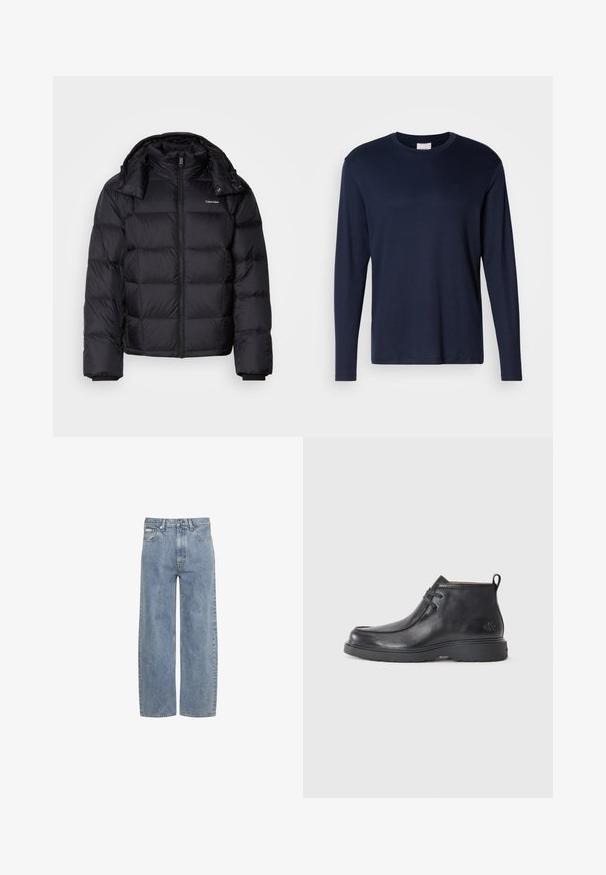 Doudoune noire avec fermeture éclair à l'avant, de longueur courte, au design matelassé et avec un col haut. Présente un logo sur la poitrine gauche et des poignets élastiques.; T-shirt à manches longues bleu marine en coton doux. Présente un col rond et un petit logo sur la poitrine. Texture lisse, coupe classique.; Jean bleu clair droit avec fermeture éclair et bouton à l'avant, passants de ceinture et design cinq poches.; Bottes noires en cuir à talon arrondi, avec un design à lacets et une languette à l'arrière. Tige texturée et semelle en caoutchouc.