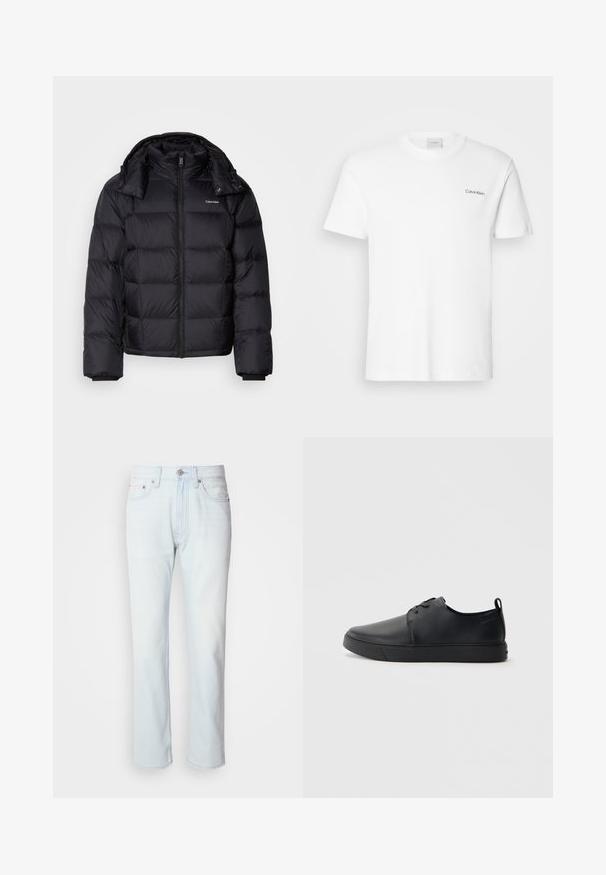 Schwarze Pufferjacke mit einem Reißverschluss vorne, kurzer Länge, gestepptem Design und hohem Kragen. Merkmale ein Logo auf der linken Brust und elastische Bündchen.; Weißes Baumwoll-T-Shirt mit kurzen Ärmeln und Rundhalsausschnitt. Mit einem kleinen schwarzen "Calvin Klein"-Logo auf der linken Brust.; Hellblaue Jeans mit geradem Bein. Verfügt über einen Knopfverschluss und Gürtelschlaufen, präsentiert eine ausgebleichte Textur und minimale Nähte.; Schwarze Leder-Sneaker mit glatter Oberfläche, abgerundeter Zehenpartie, gleichfarbiger Nähte, schnürbarem Vorderteil und flacher Gummisohle. Schlaufe an der Ferse.