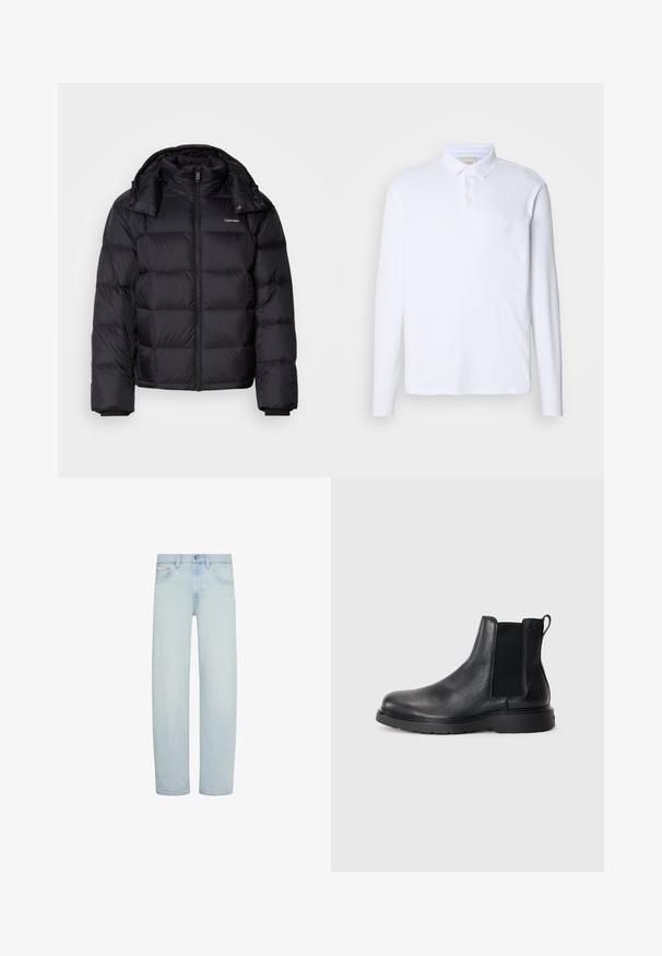 Sort pufferjakke med lynlås foran, kort længde, quiltet design og høj krave. Har et logo på venstre bryst og elastiske manchetter.; Langærmet hvid polo-shirt lavet af blødt stof, med en klassisk krave, tre knaplukninger og et diskret logo på brystet.; Lyseblå denimjeans med lige ben, foran knap- og lynlåslukning, bæltestropper og forlommer.; Sorte læder chelsea støvler med tekstureret finish, elastiske sidepaneler og en robust gummisål. Subtil branding på hælen.