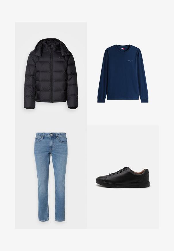 Sort pufferjakke med lynlås foran, kort længde, quiltet design og høj krave. Har et logo på venstre bryst og elastiske manchetter.; Mørkeblå langærmet rundhalset skjorte med lille hvid "Tommy Jeans"-logo på brystet og et mærke inde i kraven.; Blå lige ben denim jeans med for lommer, bæltesløjfer og knaplukning.; Sorte lædersneakers med en glat finish, rund tå og seks huller til snørebånd; har en sort gummisål for godt greb.