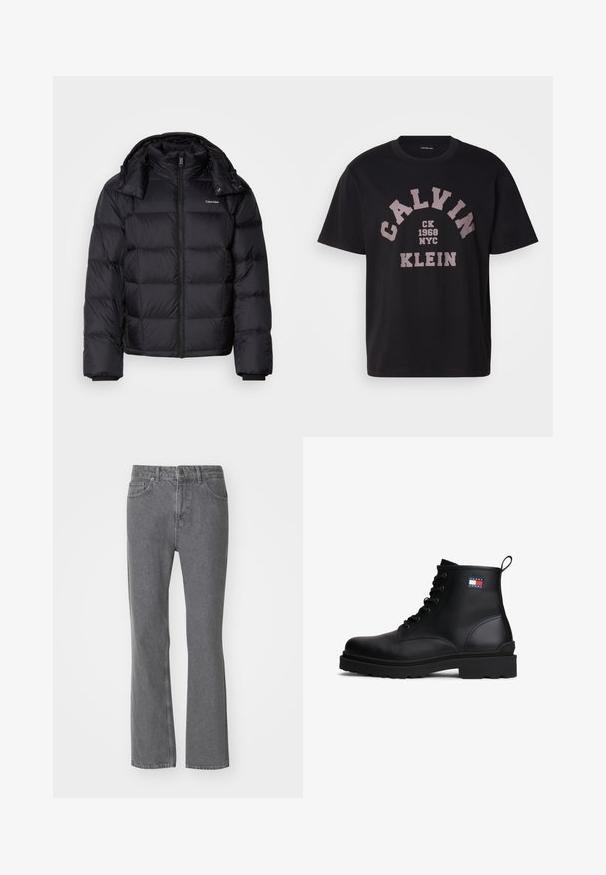 Sort pufferjakke med lynlås foran, kort længde, quiltet design og høj krave. Har et logo på venstre bryst og elastiske manchetter.; Sort bomulds t-shirt med rund hals, korte ærmer og et frontgrafik med "CALVIN KLEIN," "1968," og "NYC" i kontrasterende beige nuancer.; Grå denimjeans med lige ben, forlommer, bæltestropper og knaplukning i taljen, vist mod en hvid baggrund.; Sort læder ankelstøvle med snørredesign, tekstureret overflade, tyk gummisål og et lille farvet logo-patch på ydersiden.