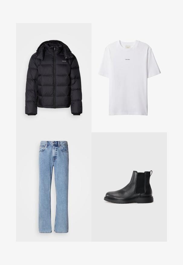 Sort pufferjakke med lynlås foran, kort længde, quiltet design og høj krave. Har et logo på venstre bryst og elastiske manchetter.; Hvid bomuld t-shirt med rund hals og korte ærmer. Har en lille sort "Calvin Klein"-logo centreret på brystet.; Lyseblå denimjeans med lige ben design, fem lommer og knaplukning. Syninger nær lommer og talje.; Sorte læder chelsea støvler med tekstureret finish, elastiske sidepaneler og en robust gummisål. Subtil branding på hælen.