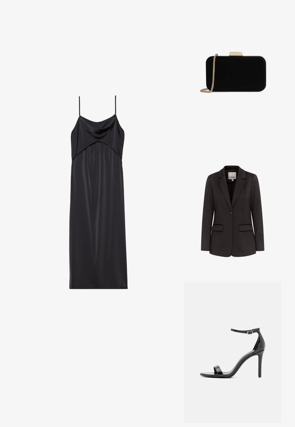 Sort blazer lavet af glat stof med spidse klapper, to forlommer, enkelt knaplukning og tætsiddende pasform.; Sort satin slip kjole med tynde spaghetti stropper, en draperet halsudskæring og en lige silhuet. Glat tekstur og minimalistisk design.; Sorte patentlæder højhælede sandaler med en slank ankelstrop, åben tå, minimalisk design og en glat, blank finish.; Sort velour clutch med guldfarvede detaljer, rektangulær form og kædestrop, der har en glat tekstur og ingen synlige mønstre.