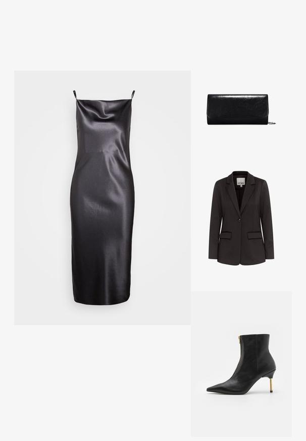 Blazer negro hecho de una tela suave con solapa muesca, dos bolsillos delanteros, cierre de un solo botón y corte entallado.; Samsøe Samsøe FREDERICKA LONG DRESS - Vestido de cóctel - ombre dark; AllSaints NATASHA - Botines - black; Clutch de cuero negro con una textura suave, forma rectangular y detalles con borde en la parte delantera. Incluye una correa de cadena desmontable.