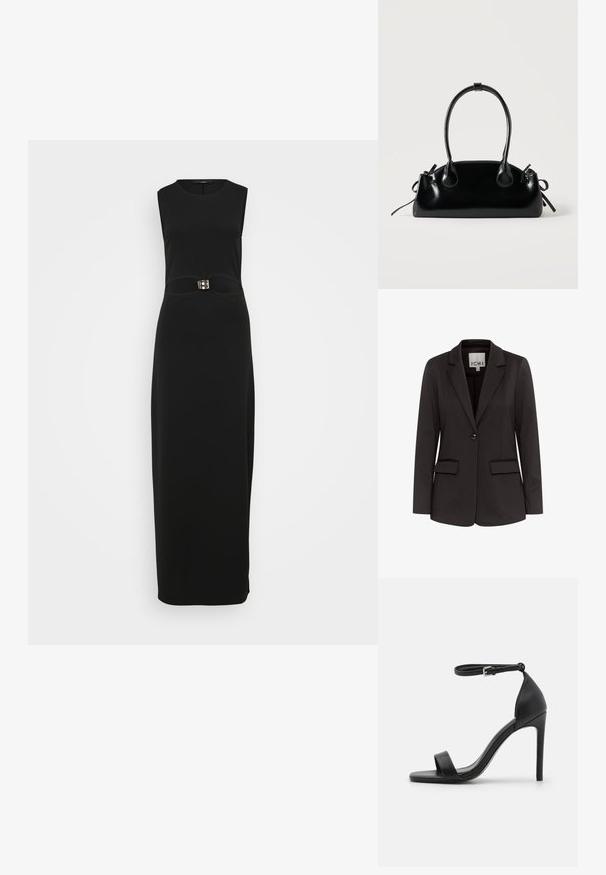Čierny blazer vyrobený z hladkého materiálu s klopovým golierom, dvoma prednými vreckami, zapínaním na jeden gombík a prispôsobeným strihom.; Čierne bezrukávové maxi šaty s priliehavým siluetou, hladkou textúrou a charakteristickým prackovým detailom v oblasti pása.; Čierne sandále na vysokom opätku s elegantným dizajnom, obsahujúce popruh okolo členka, otvorenú špičku a hladký kožený povrch.; Malá čierna lesklá kabelka s dvoma dlhými rúčkami a bočnými šnúrkovými detailmi na jednoduchom svetlom pozadí.