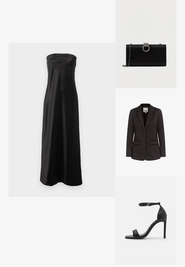 Blazer negro hecho de una tela suave con solapa muesca, dos bolsillos delanteros, cierre de un solo botón y corte entallado.; Vestido largo sin mangas de satén negro, con un diseño sencillo, textura suave y silueta fluida.; Sandalia de tacón alto negra con un diseño elegante, que cuenta con una correa en el tobillo, punta abierta y una textura de cuero suave.; Bolso de mano de satén negro con un cierre circular en tono plateado adornado con strass, cuenta con una correa de cadena desmontable.