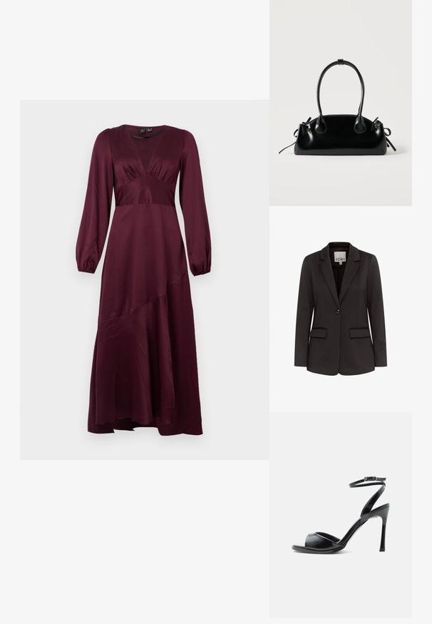 Čierny blazer vyrobený z hladkého materiálu s klopovým golierom, dvoma prednými vreckami, zapínaním na jeden gombík a prispôsobeným strihom.; Šaty z matného saténu s dlhým rukávom v hlbokej burgundskej farbe, s výstrihom do V, priliehajúcim pásom, nahrnutým detailom na poprsí a asymetrickým lemom.; Čierna sandála na vysokom opätku s otvorenou špičkou, úzkym ihlovým opätkom a remienkom na členku so sponou na bielom pozadí.; Malá čierna lesklá kabelka s dvoma dlhými rúčkami a bočnými šnúrkovými detailmi na jednoduchom svetlom pozadí.