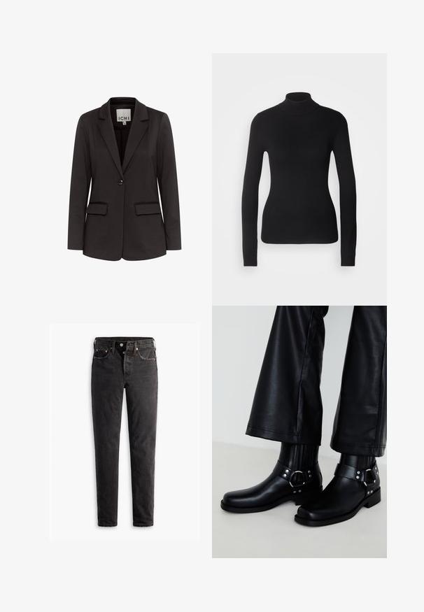 Čierny blazer vyrobený z hladkého materiálu s klopovým golierom, dvoma prednými vreckami, zapínaním na jeden gombík a prispôsobeným strihom.; Čierny rolák vyrobený z ľahkej pleteniny. Má dlhé rukávy, priliehavý strih a jemnú rebrovanú štruktúru.; Čierne džínsy z denimu so strihom rovného nohavice, s piatimi vreckami, medeným kováním a mierne vybledlým povrchom.; Čierne kožené členkové topánky s okrúhlou špičkou, s ozdobnou prackou a nitmi na pásiku, a vertikálnym jemným detailom.