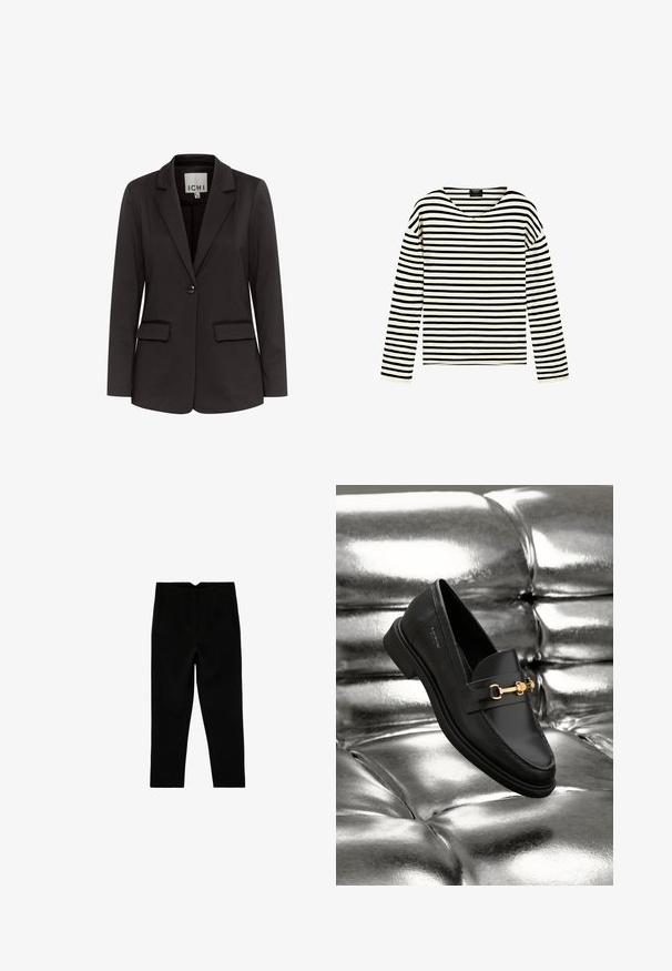 Zwarte blazer van gladde stof met een notch-lapels, twee voorzakken, enkel knoopsluiting en een getailleerde pasvorm.; Overhemd met lange mouwen met zwart-witte horizontale strepen en een V-hals, afgebeeld op een effen witte achtergrond.; Zwarte op maat gemaakte broek tot aan de enkel met zijzakken en een licht taps toelopende pijp, plat liggend op een witte achtergrond.; Zwarte leren instapper met een goudkleurig hardware-detail. De schoen heeft een strak ontwerp en een gladde, glanzende textuur.