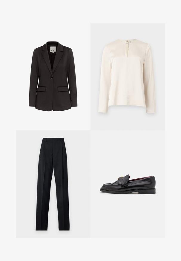 Čierny blazer vyrobený z hladkého materiálu s klopovým golierom, dvoma prednými vreckami, zapínaním na jeden gombík a prispôsobeným strihom.; Krémová blúzka s dlhým rukávom a okrúhlym výstrihom, s detailom predného skladania a skrytým zipsom na chrbte. Hladká textúra podobná hodvábu.; Čierne nohavice vyrobené z hladkej látky s vysokým pásom, širokými nohavicami, prednými záhybmi a klasickými pútkami na opasok. Žiadne bočné vrecká nie sú viditeľné.; Čierne kožené mokasíny sošitým vzorom, hladkou textúrou, detailom zlatého pracky a zaoblenou špičkou, posadené na nízkej čiernej podrážke.