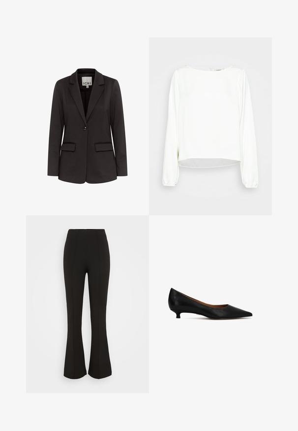 Blazer negro hecho de una tela suave con solapa muesca, dos bolsillos delanteros, cierre de un solo botón y corte entallado.; Another-Label MAJA SHINY - Blusa - off-white; Pantalones de campana negros hechos de tela elástica. Presentan una cintura alta, una textura suave y un detalle de costuras verticales en la parte delantera.; Zapato de mujer de piel negra con tacón bajo y punta puntiaguda, con un tacón fino tipo kitten, visto de lado sobre fondo blanco.