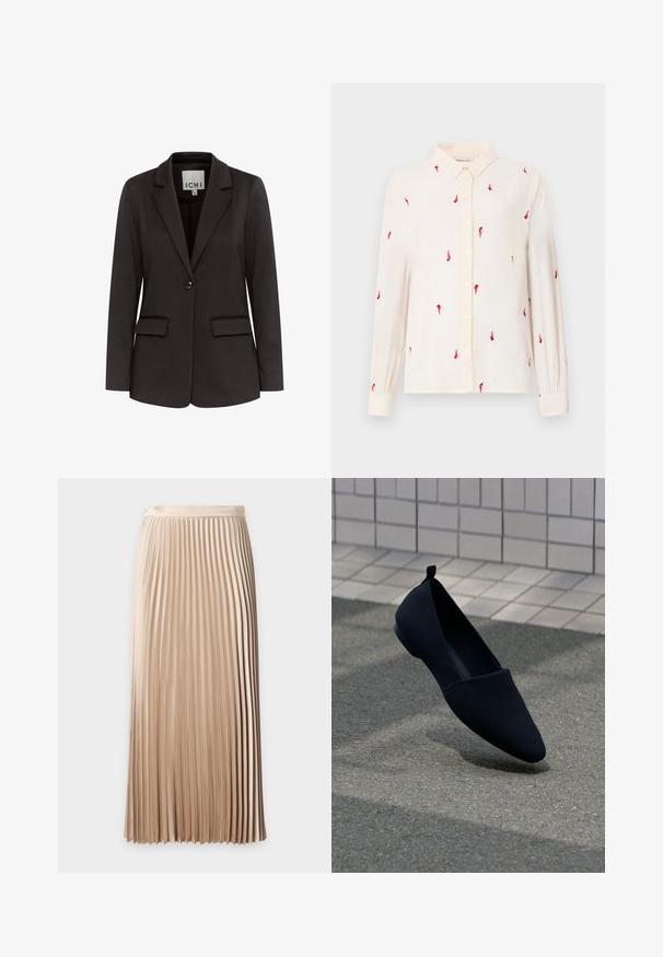 Zwarte blazer van gladde stof met een notch-lapels, twee voorzakken, enkel knoopsluiting en een getailleerde pasvorm.; Lichtbeige longsleeve overhemd met een button-down kraag, voorzien van rode vogelborduursels overal en knoopsluitingen aan de voorkant en bij de manchetten.; Beige geplooide midirok met hoge taille, een gladde tailleband en gelijkmatig verdeelde smalle verticale plooien.; Zwarte platte schoen met een puntige neus, gladde textuur en een minimalistisch ontwerp. Heeft een kleine hak en een lusje aan de achterkant.