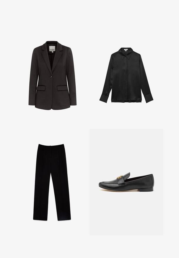 Blazer negro hecho de una tela suave con solapa muesca, dos bolsillos delanteros, cierre de un solo botón y corte entallado.; Camisa negra de satén de manga larga con cuello puntiagudo, botón frontal y puños anchos. Textura suave y diseño elegante.; Pantalones negros de corte ajustado hechos de tela tejida. Presentan un diseño de pierna recta, dos pliegues frontales y una textura suave y mate.; Mocasines de cuero negro con puntera redondeada, tacón plano y acento en tono dorado en la correa. Textura suave con detalles de diseño mínimos.