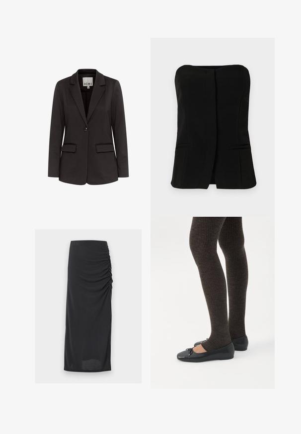 Zwarte blazer van gladde stof met een notch-lapels, twee voorzakken, enkel knoopsluiting en een getailleerde pasvorm.; Zwarte mouwloze top met een rechte halslijn, een voorpand met knopen en twee verborgen zijzakken. Glad fabric met een getailleerd ontwerp.; Zwarte midirok met een elastische tailleband en een geplooid gerimpeld detail aan de rechterkant.; Benen met donkere geribbelde leggings gecombineerd met zwarte ballerina's met kleine strikdetails op een witte achtergrond.