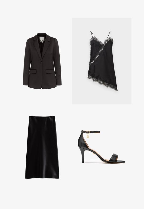 Blazer negro hecho de una tela suave con solapa muesca, dos bolsillos delanteros, cierre de un solo botón y corte entallado.; Vestido negro asimétrico tipo slip con ribete de encaje, panel diagonal de encaje y finos tirantes sobre un fondo claro.; Falda maxi de satén negra con una textura suave, corte recto y una cinturilla elástica. Sin patrones o adornos visibles.; Sandalia de tacón alto de cuero negro con una sola cinta sobre los dedos, cinta en el tobillo, herrajes dorados y un esbelto tacón de aguja.