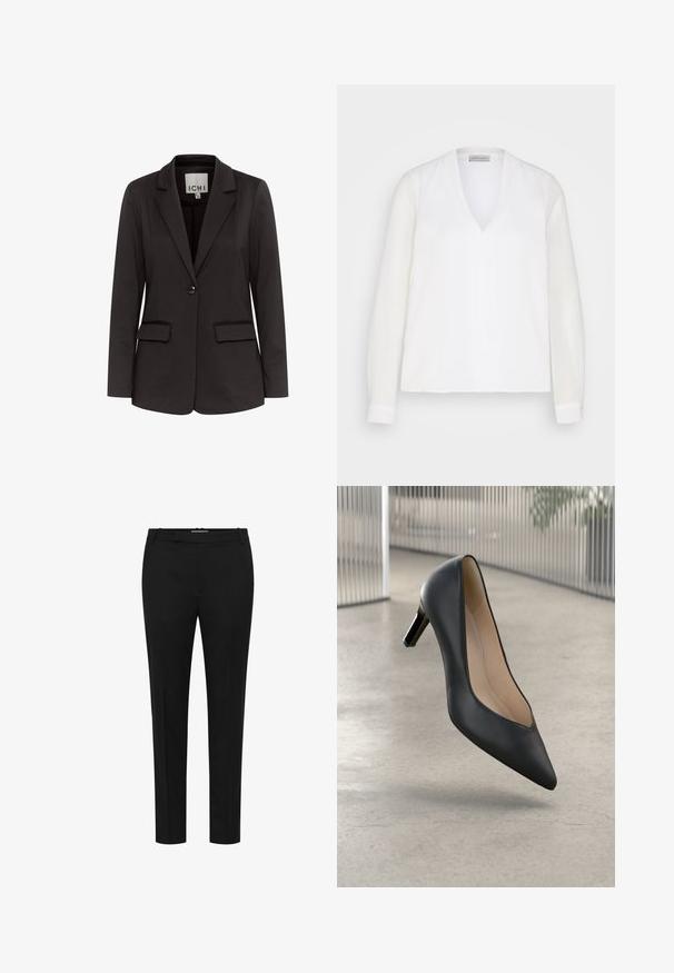 Zwarte blazer van gladde stof met een notch-lapels, twee voorzakken, enkel knoopsluiting en een getailleerde pasvorm.; Witte blouse met lange mouwen en een V-hals, met een soepele textuur en subtiele voornaaddetails, ontworpen voor een relaxte pasvorm.; Zwarte, op maat gemaakte broek met ceintuurlussen, een ritssluiting aan de voorkant en een rechte pijp, getoond tegen een witte achtergrond.; Zwarte leren hoge hak schoen met een spitse neus en een slanke silhouet, met een lage hak en een zachte binnenvoering.