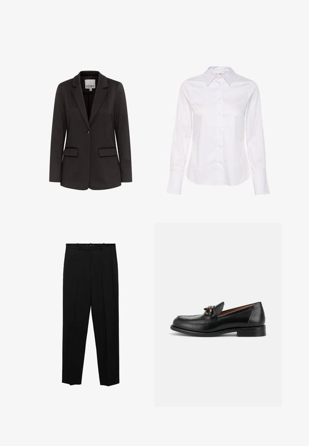 Zwarte blazer van gladde stof met een notch-lapels, twee voorzakken, enkel knoopsluiting en een getailleerde pasvorm.; Witte lange mouwen shirt met een klassieke kraag, knoopsluiting aan de voorkant en rechte zoom. Gemaakt van gladde stof met een eenvoudige uitstraling.; Zwarte op maat gemaakte broek met een recht model, met voorplooien, een gladde textuur en een standaard tailleband met riemlussen.; Zwarte leren loafer met lage hak, afgeronde neus en decoratieve metalen gesp aan de voorkant.