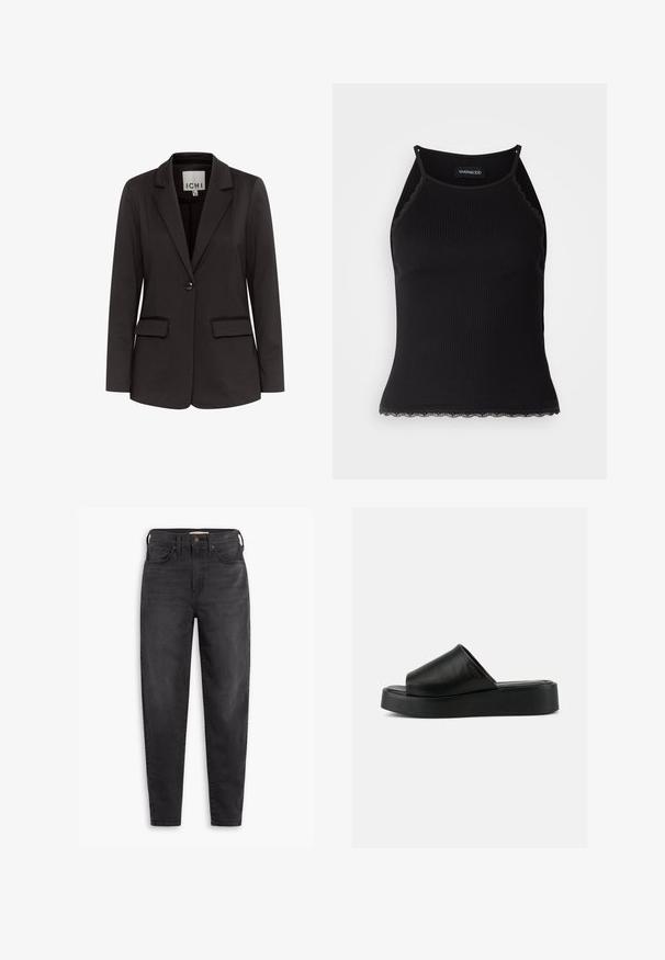 Čierny blazer vyrobený z hladkého materiálu s klopovým golierom, dvoma prednými vreckami, zapínaním na jeden gombík a prispôsobeným strihom.; Čierny rebrovaný top bez rukávov so zvlneným čipkovým lemovaním na spodnom leme. Má tenké ramienka a priliehavý strih. Vyrobené z elastického materiálu.; Čierne slim fit jeans s vysokým pásom, s prednými a zadnými vreckami, zapínaním na gombík a pútkami na opasok, zobrazené na bielom pozadí.; Čierna platformová sandála na nazutie s širokým koženým pásikom a hrubou podrážkou, zobrazená z profilu na jednoduchom sivom pozadí.
