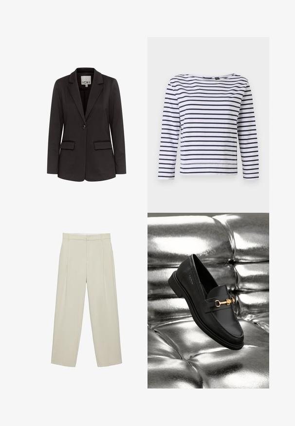 Čierny blazer vyrobený z hladkého materiálu s klopovým golierom, dvoma prednými vreckami, zapínaním na jeden gombík a prispôsobeným strihom.; Pruhované tričko s dlhým rukávom v bielej a námorníckej modrej farbe, so širokým výstrihom a voľným strihom. Vyrobené z mäkkej bavlnenej látky s prešitými okrajmi.; Béžové nohavice s vysokým pásom na mieru, so bočnými vreckami, pútkami na opasok a predným zipsom, v rovnom strihu na nohy.; Čierne kožené mokasíny so zlatými kovovými detailmi. Obuv má elegantný dizajn a hladký, lesklý povrch.